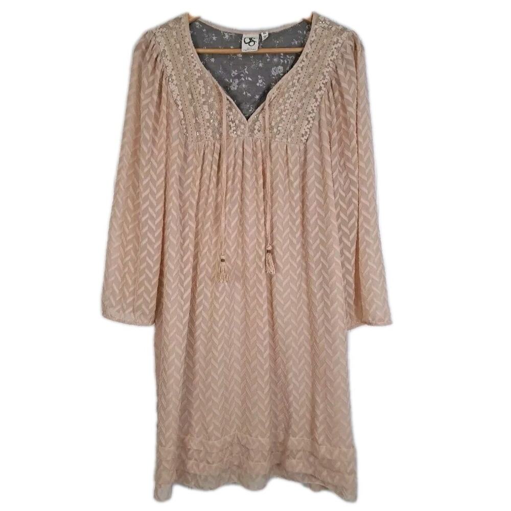 Anthropologie Blush Pink Long-Sleeve Lace Trim Tunic Dress